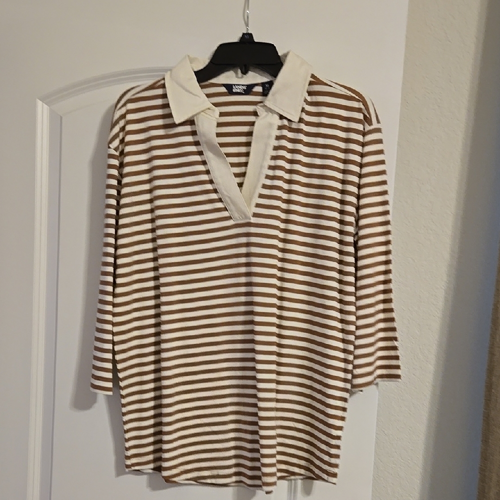 Striped 3/4 Long Sleeve Tee - Brown and White